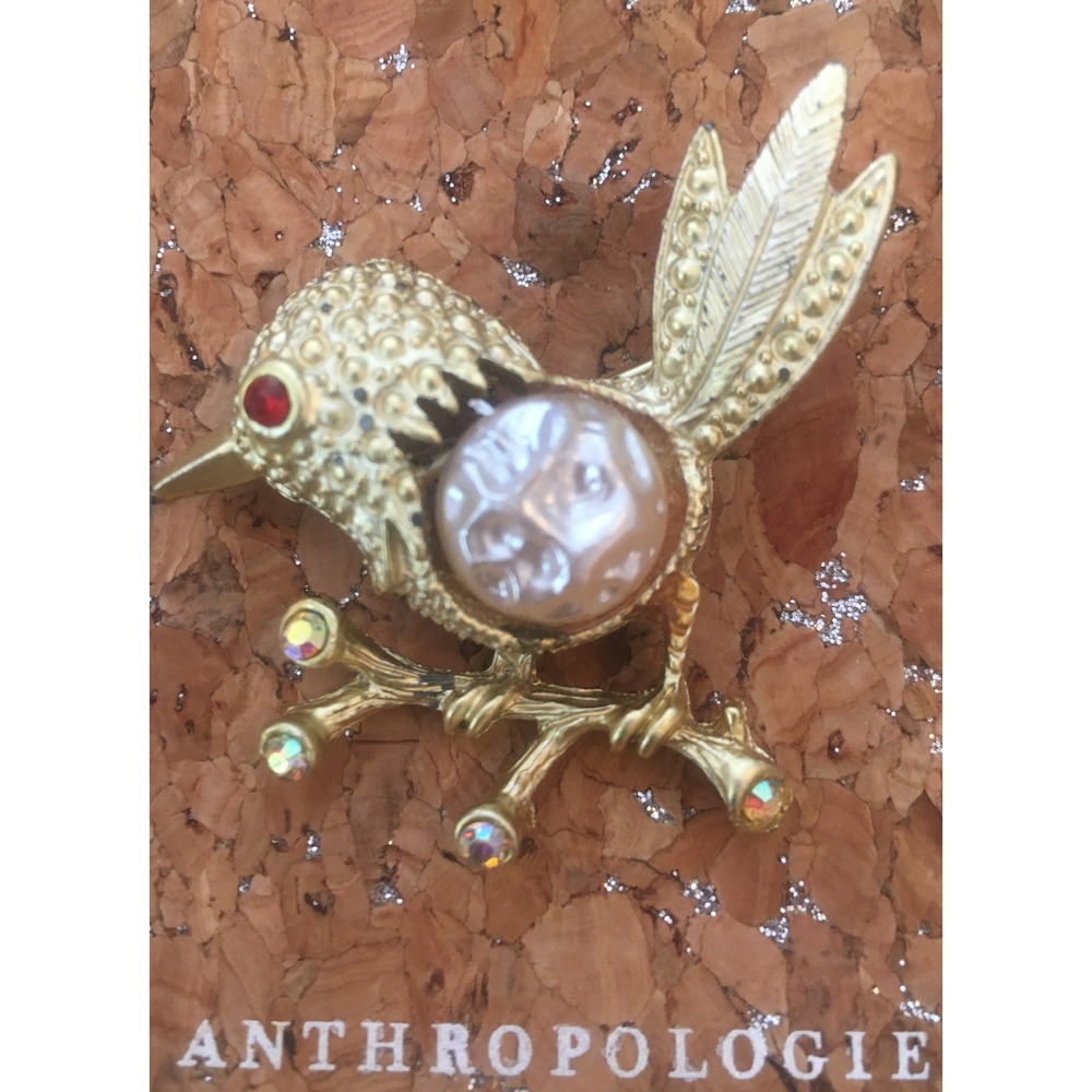 Vintage Anthropologie Brooch Pin Bird on Branch Pearl Jelly Belly AB Rhinestones